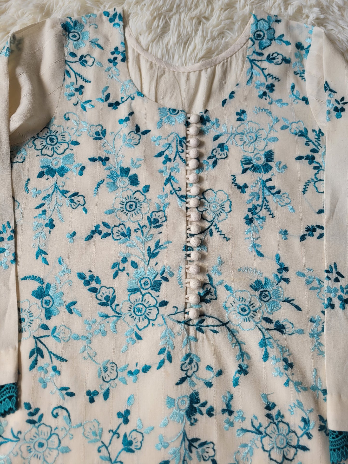 Ivory Bloom: Hand-Embroidered Suit with Teal Accents & Striped Dupatta