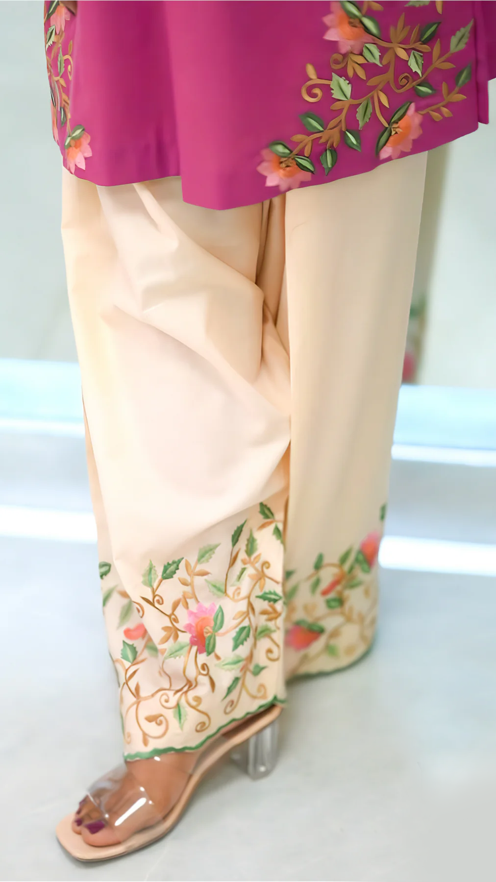 Fuchsia Floral Grace: Embroidered Cotton Ensemble