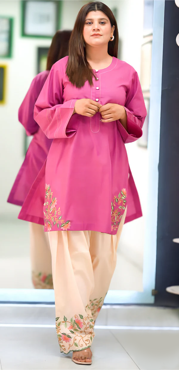 Fuchsia Floral Grace: Embroidered Cotton Ensemble