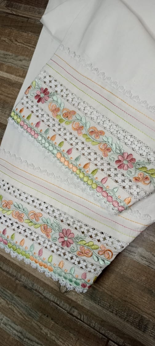 Chic White Lattice & Bloom Embroidered Shalwar with Delicate Lace