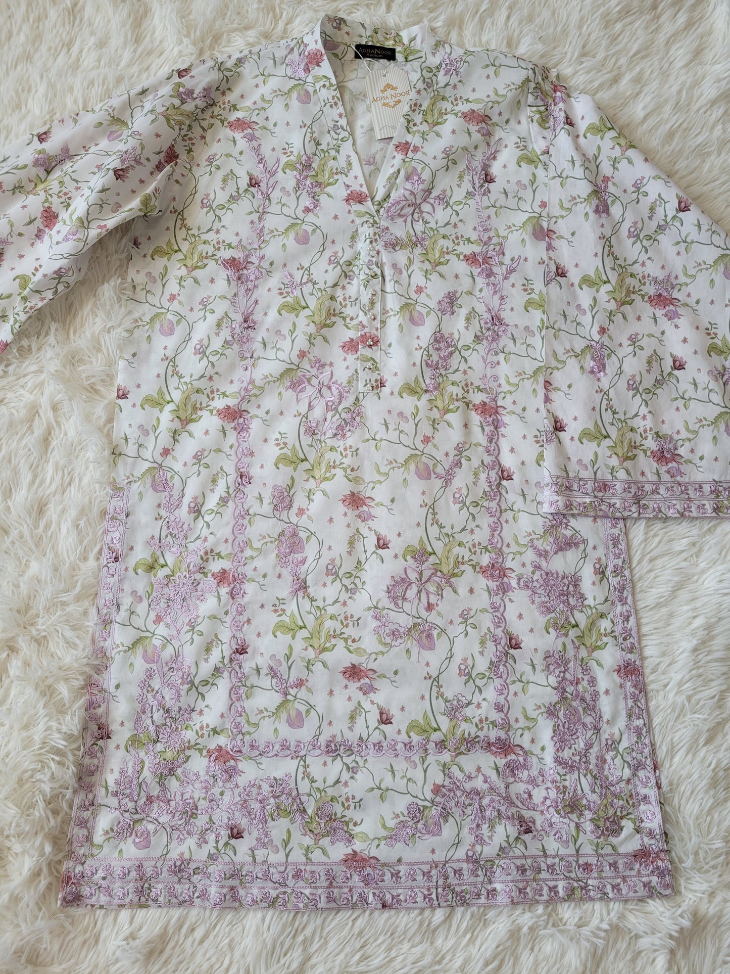 Agha Noor White Multi-Embroidered lawn Suit with Ombre Dupatta