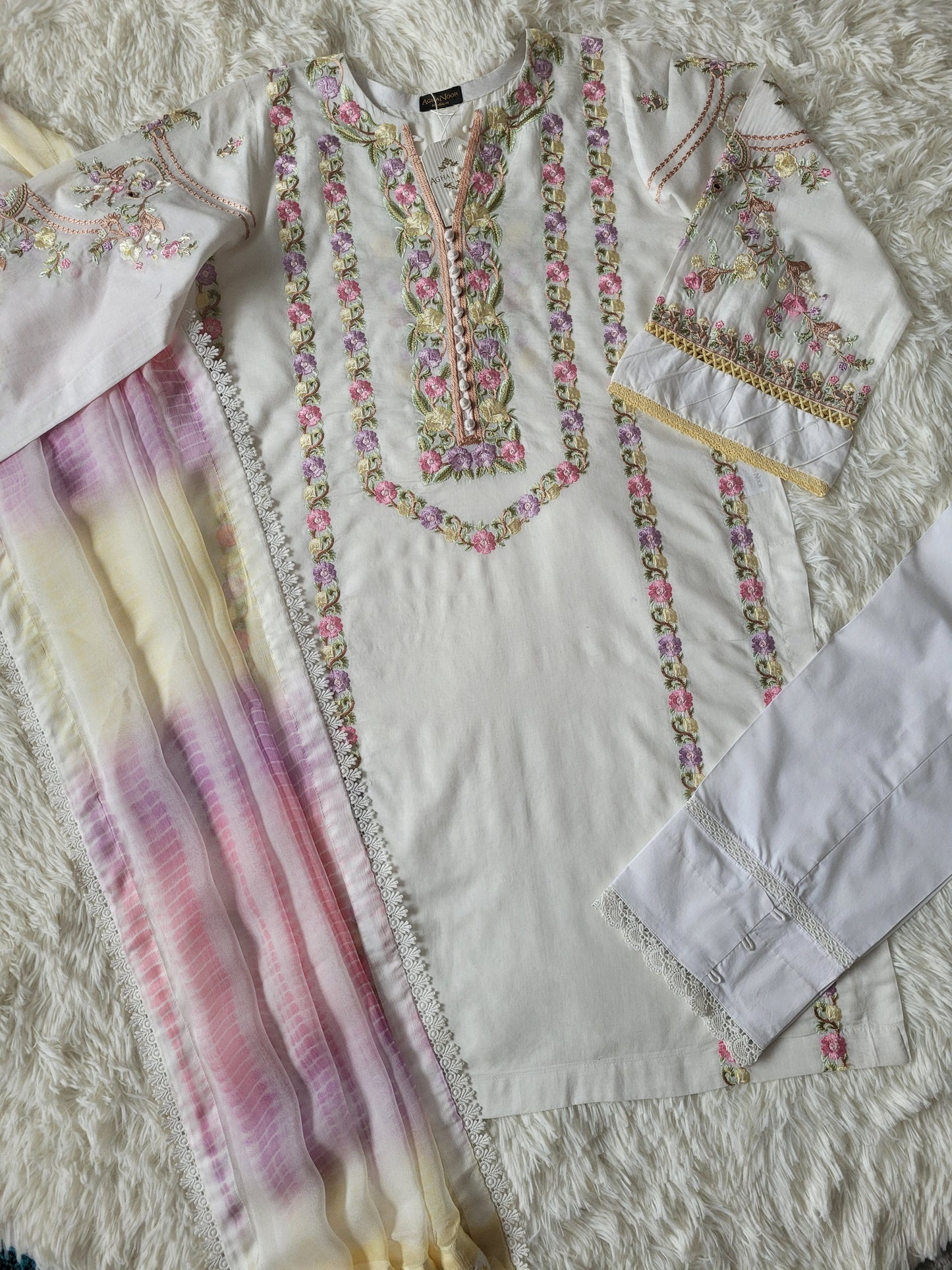 Agha Noor White Multi-Embroidered lawn Suit with Ombre Dupatta
