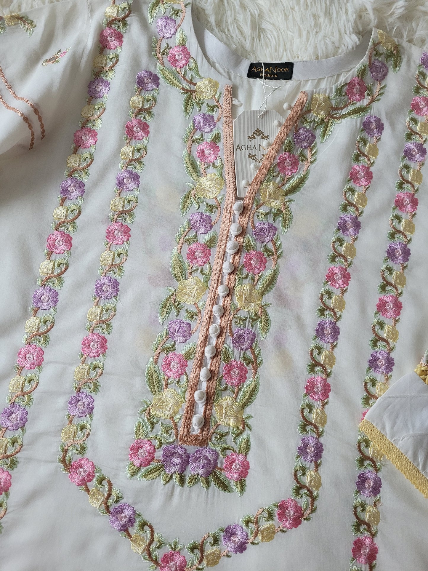 Agha Noor White Multi-Embroidered lawn Suit with Ombre Dupatta
