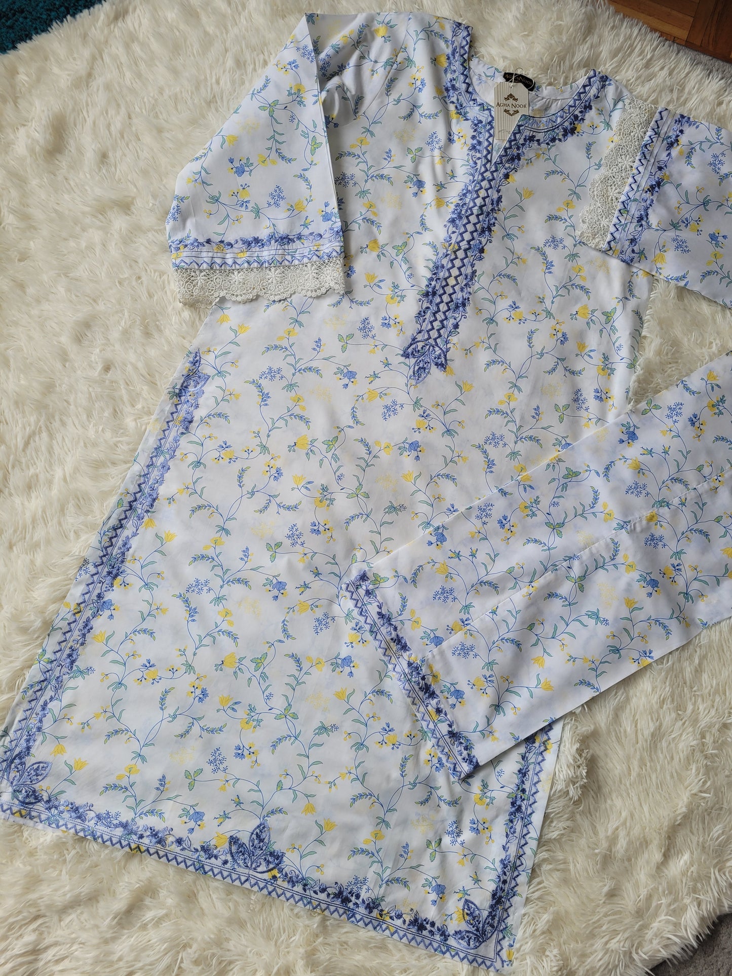 Agha Noor Azure Whisper: Printed & Embroidered White Lawn Shirt and Trouser