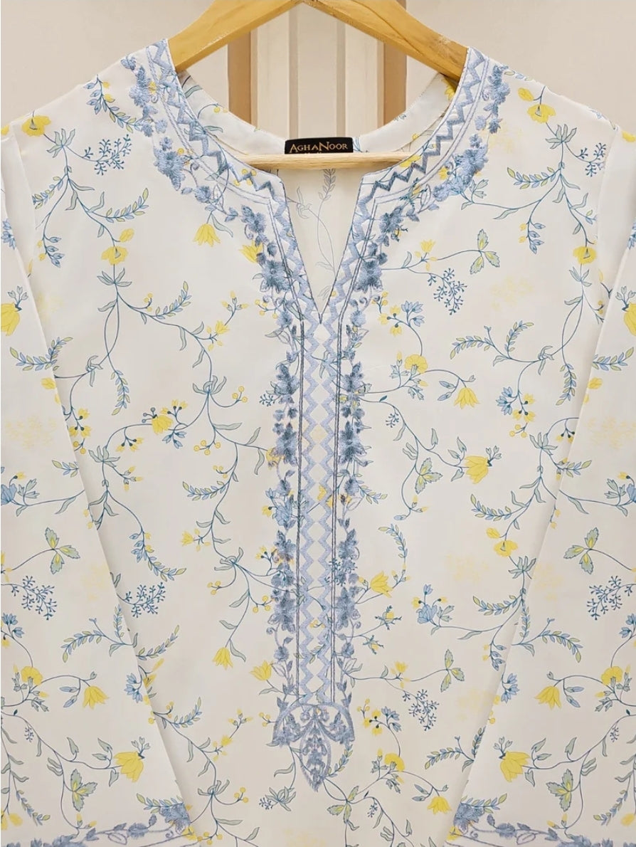 Agha Noor Azure Whisper: Printed & Embroidered White Lawn Shirt and Trouser