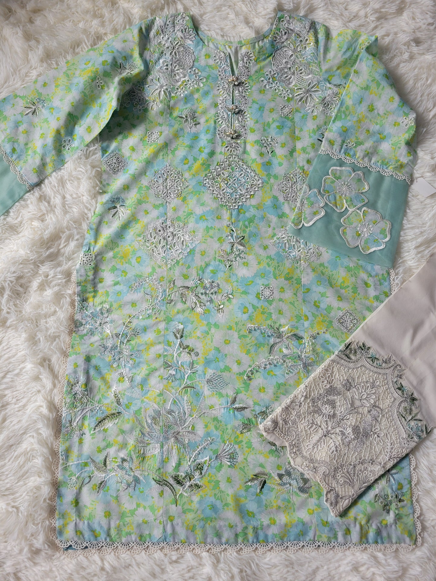 Zaha Aqua Oasis Chikankari Lawn Suit with Embroidered Cotton Trouser & Chikankari Dupatta