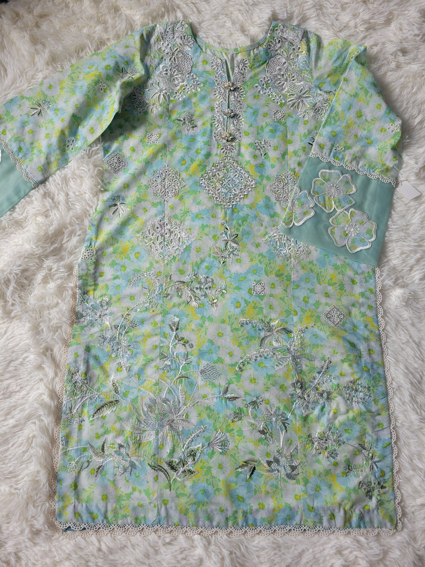 Zaha Aqua Oasis Chikankari Lawn Suit with Embroidered Cotton Trouser & Chikankari Dupatta