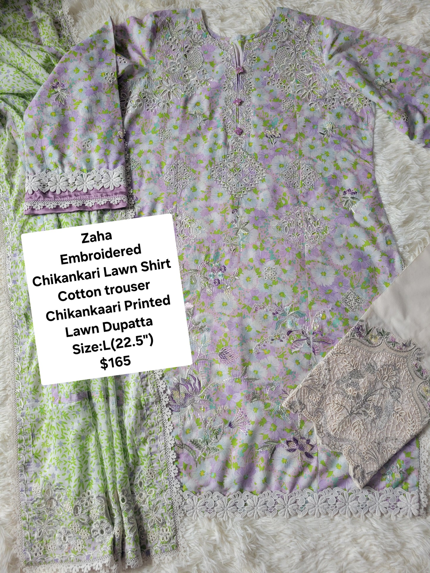 Zaha Lilac Blossom: Embroidered Chikankari Lawn Three-Piece Suit