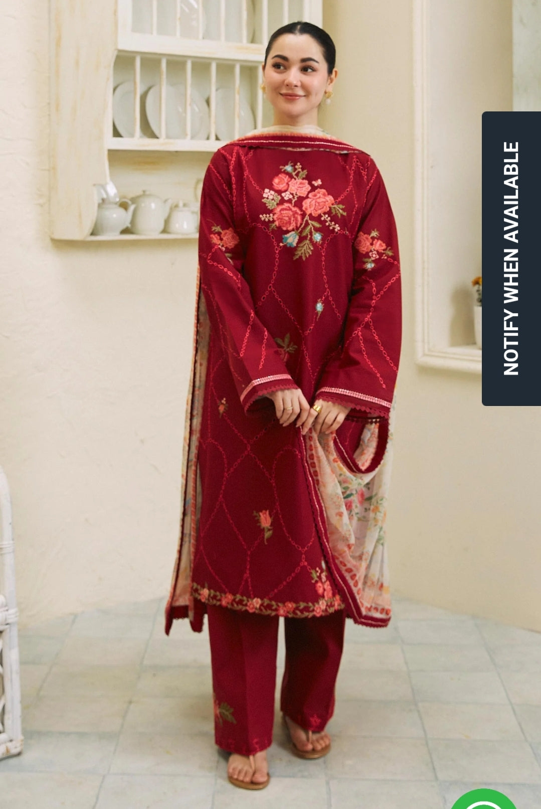 Zara Shahjahan Crimson Bloom: Embroidered Suit with Floral Dupatta