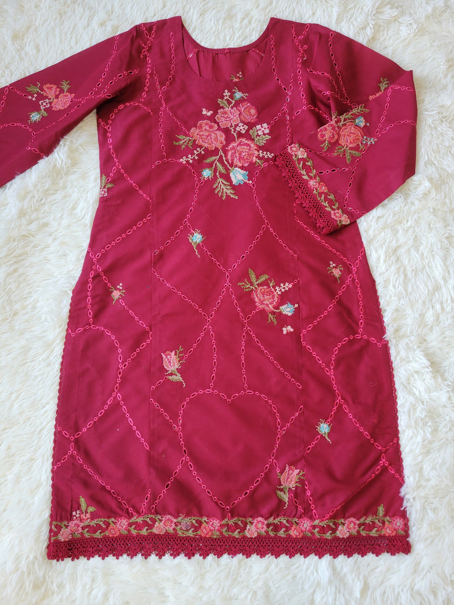 Zara Shahjahan Crimson Bloom: Embroidered Suit with Floral Dupatta
