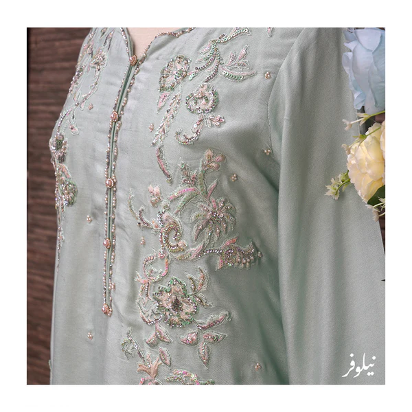 Neelofer Ice Blue Radiance: Embellished Cotton Net Dress
