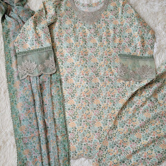 Faiza Faisal Muted Olive Printed Lawn Suit with Printed Chiffon Dupatta