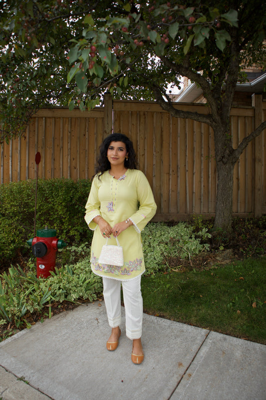 Lime Pop & White: Embroidered Cotton Two-Piece Suit