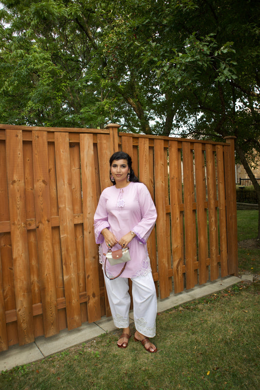 Lilac & White: Embroidered Cotton Two-Piece Suit