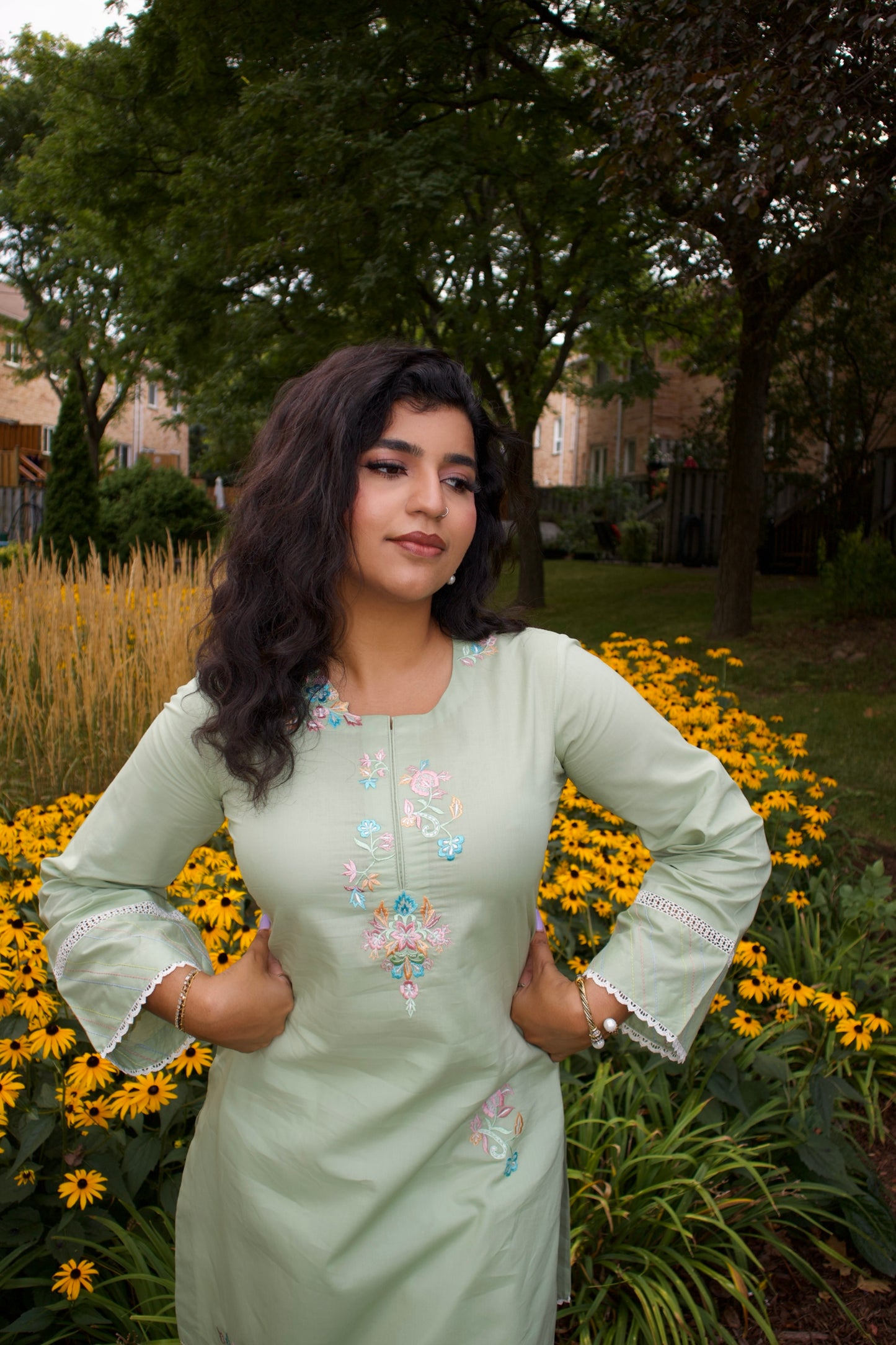 Green Bareeze & White: Embroidered Cotton Two-Piece Suit