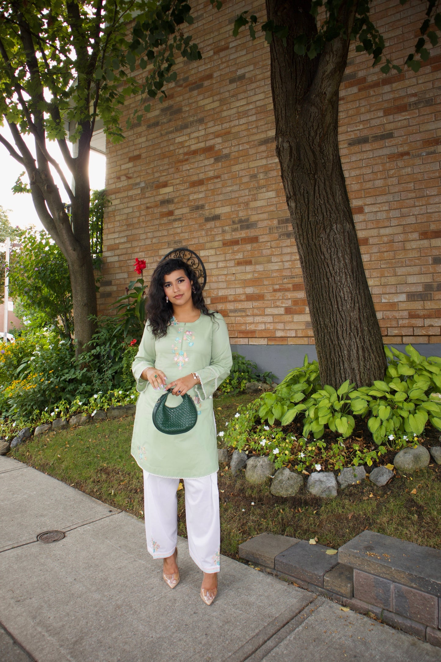 Green Bareeze & White: Embroidered Cotton Two-Piece Suit