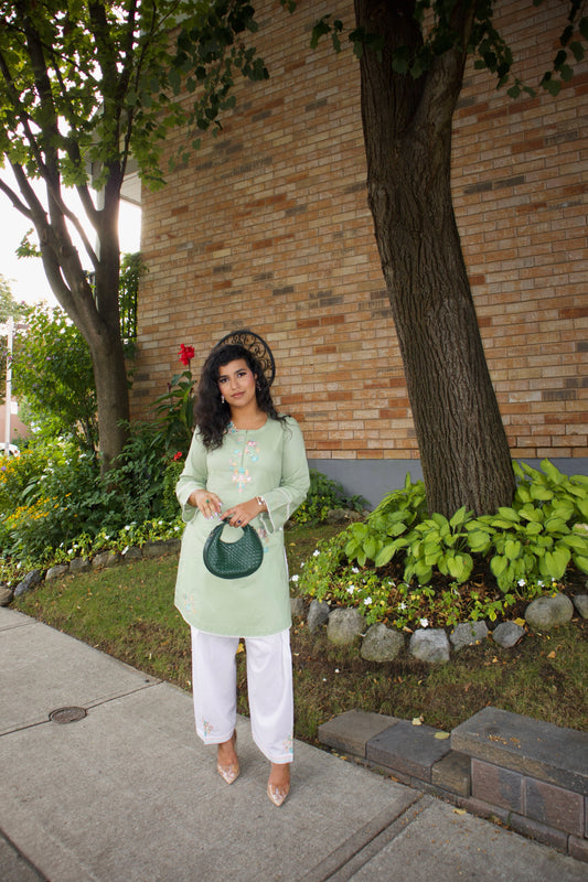 Green Bareeze & White: Embroidered Cotton Two-Piece Suit