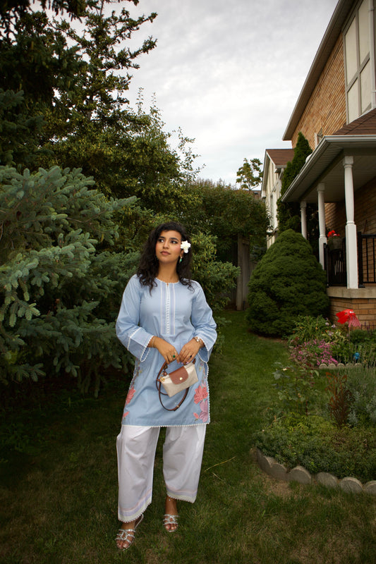 Light Blue & White: Embroidered Cotton Two-Piece Suit