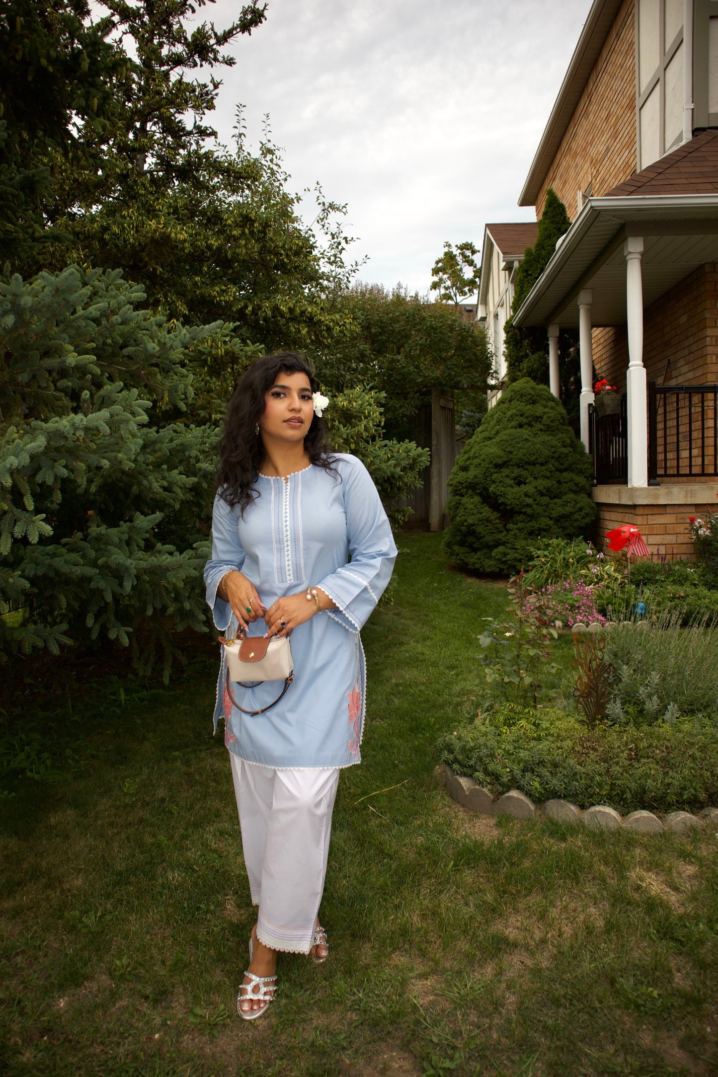 Light Blue & White: Embroidered Cotton Two-Piece Suit