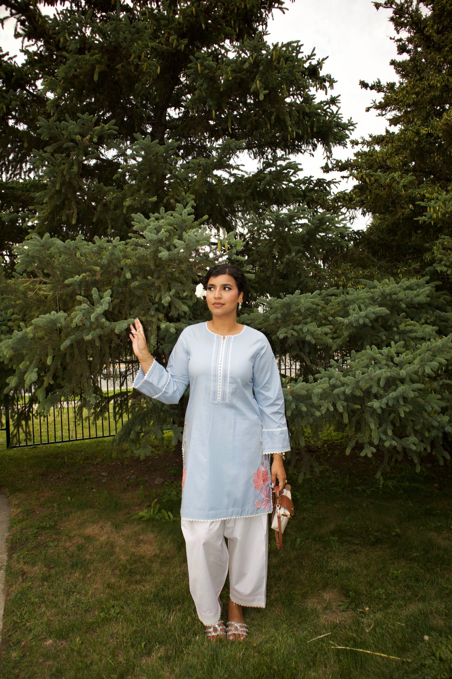 Light Blue & White: Embroidered Cotton Two-Piece Suit