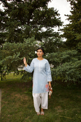 Light Blue & White: Embroidered Cotton Two-Piece Suit