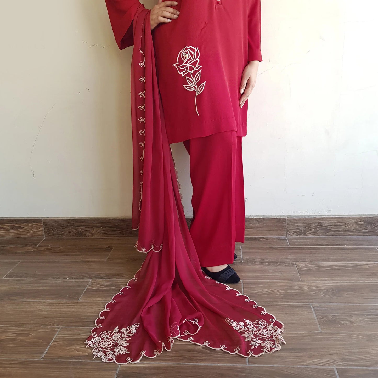 Crimson Rose: Embroidered Georgette Set