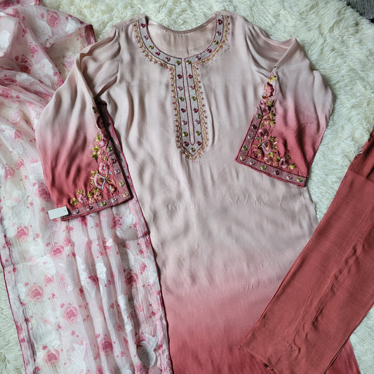 Terracotta Bloom: Embroidered Two-Piece Suit