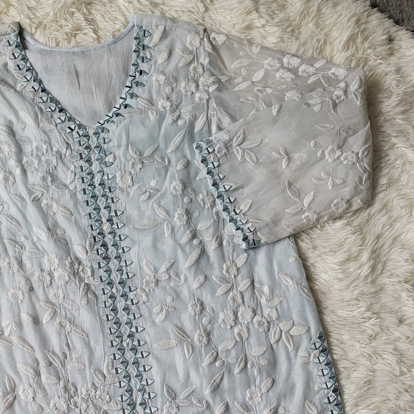 Light Sky Blue Embroidered Cotton Net Suit with Printed Organza