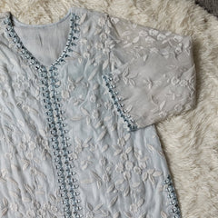 Light Sky Blue Embroidered Cotton Net Suit with Printed Organza