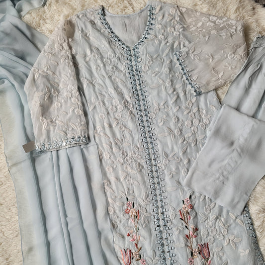 Light Sky Blue Embroidered Cotton Net Suit with Printed Organza