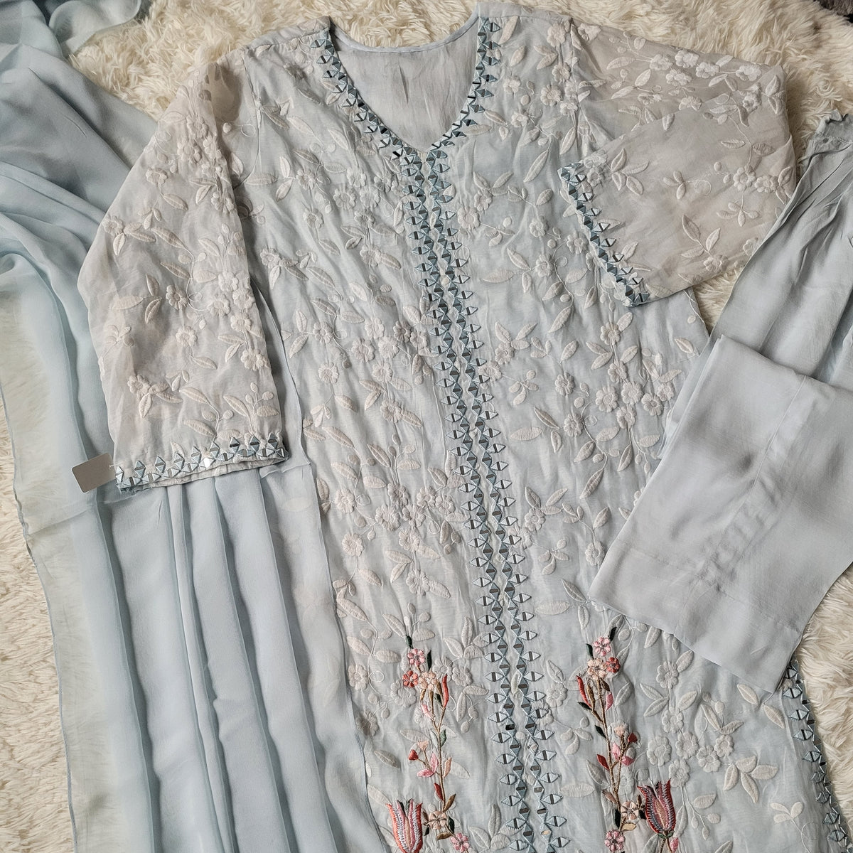Light Sky Blue Embroidered Cotton Net Suit with Printed Organza