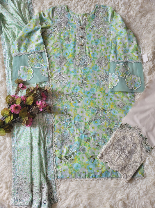Zaha Aqua Oasis Chikankari Lawn Suit with Embroidered Cotton Trouser & Chikankari Dupatta