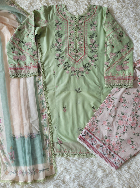 Zara Floral Green Printed Lawn Suit with Chiffon Dupatta