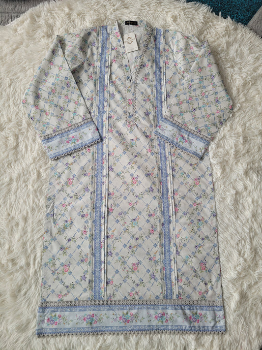 Agha Noor Ivory Lattice: Printed Cambric Shirt with Blue Accents