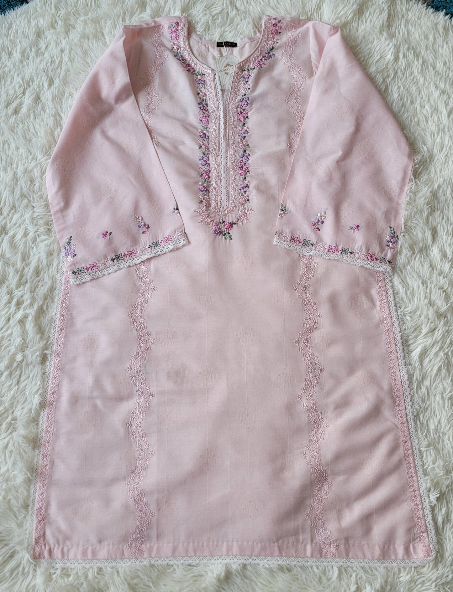 Agha Noor Blossom Pink Embroidered Lawn Shirt with Lace Accents