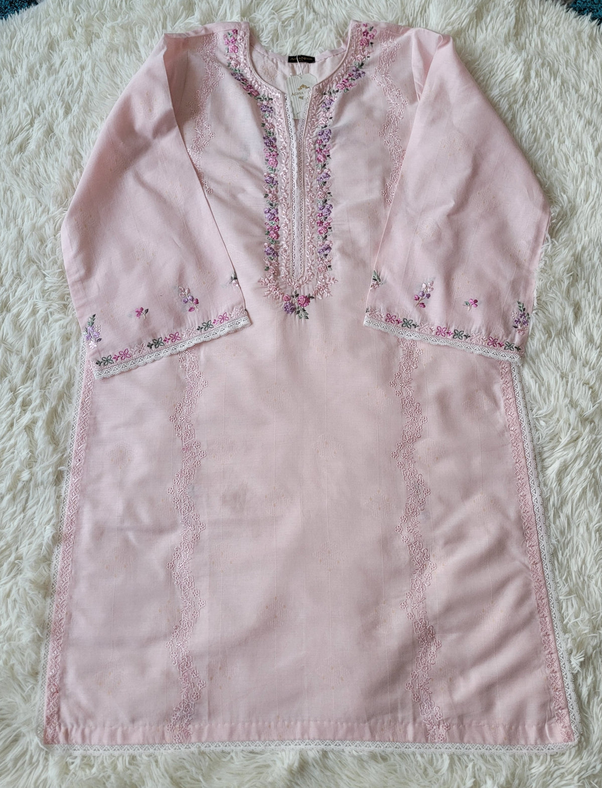 Agha Noor Blossom Pink Embroidered Lawn Shirt with Lace Accents