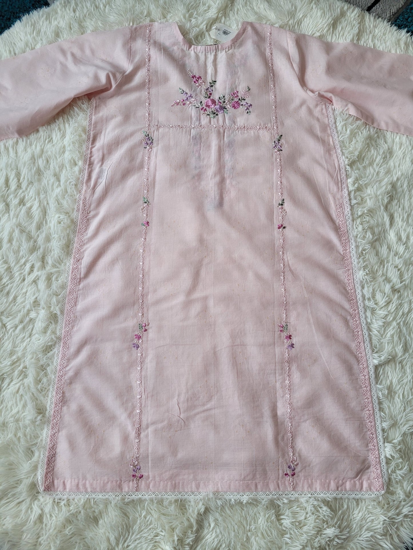 Agha Noor Blossom Pink Embroidered Lawn Shirt with Lace Accents