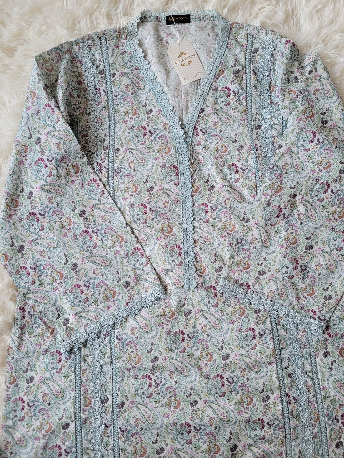 Agha Noor Grey Paisley: Printed Lawn Shirt with Aqua Lace
