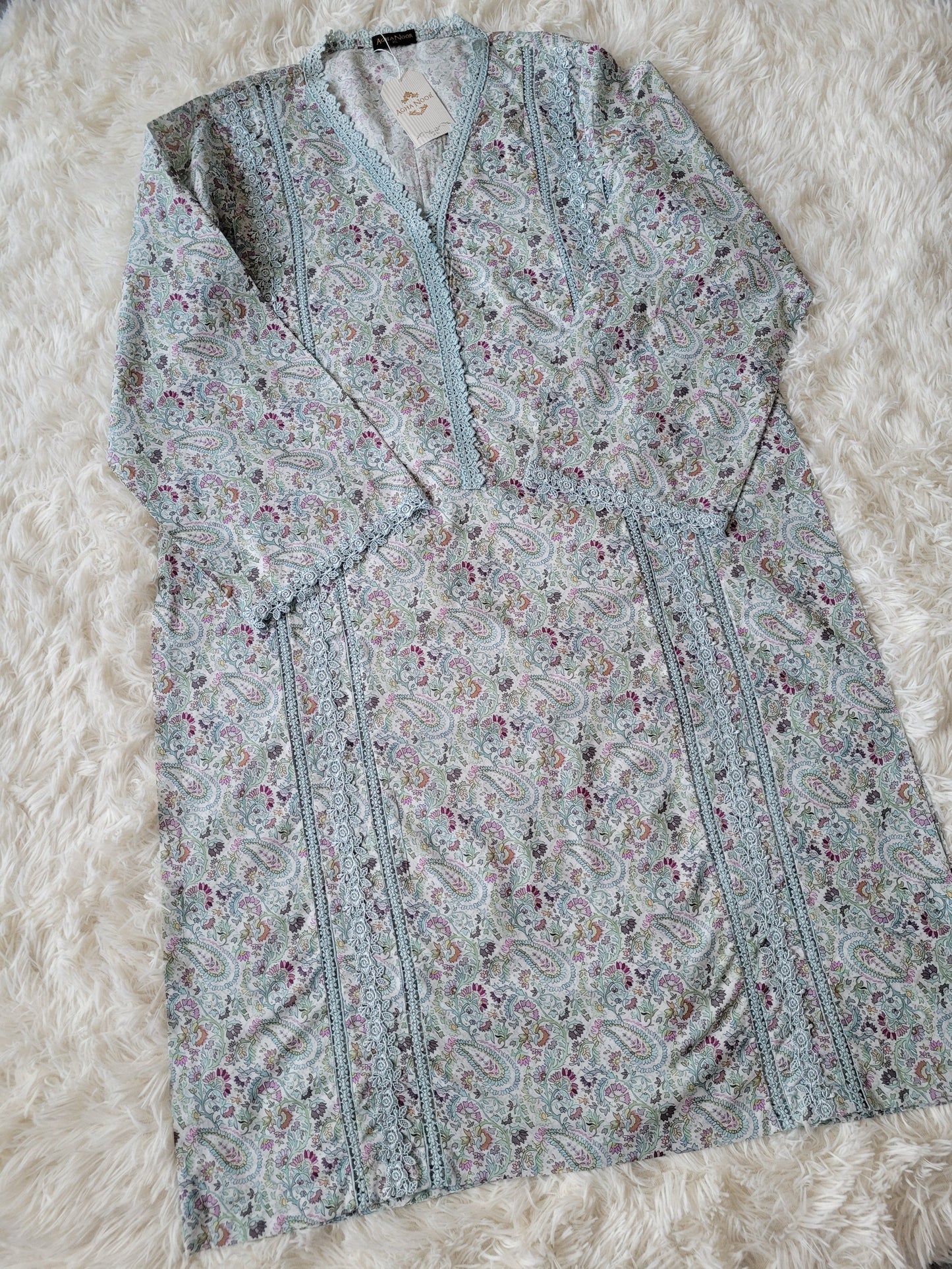 Agha Noor Grey Paisley: Printed Lawn Shirt with Aqua Lace