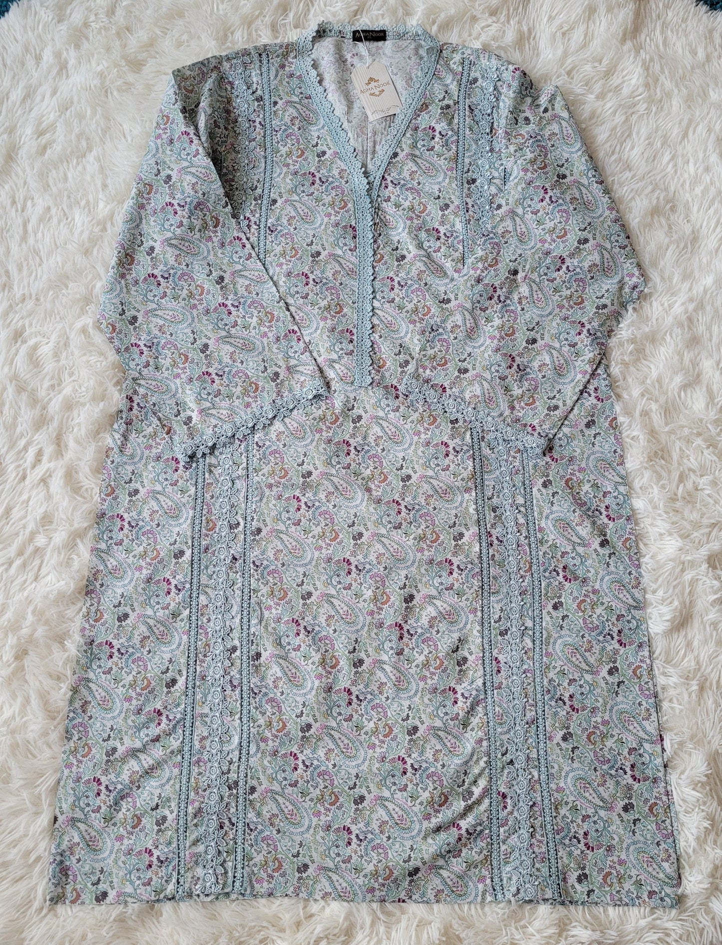 Agha Noor Grey Paisley: Printed Lawn Shirt with Aqua Lace