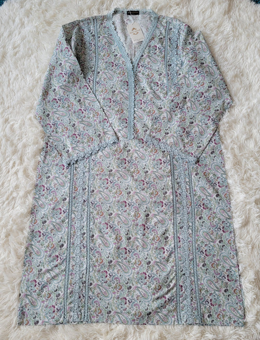 Agha Noor Grey Paisley: Printed Lawn Shirt with Aqua Lace