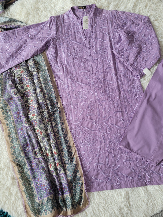 Agha Noor Lavender Embroidered Lawn Suit with printed Silk Dupatta