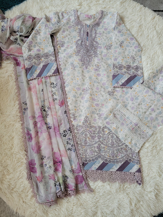 Aabyaan Lilac Meadow: Embroidered Printed Lawn Suit with Floral Dupatta