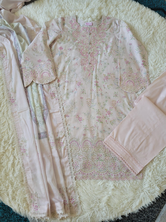 Aabyaan Blush Petals: Embroidered Cutwork Lawn Suit