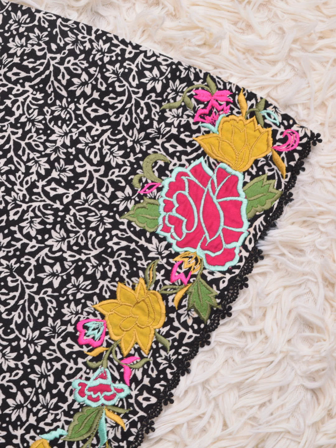 Black & White Floral Kurta with Applique Hem