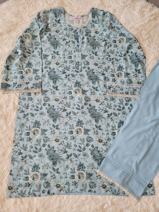 Aqua Blue Floral Kurta with Lace Trousers