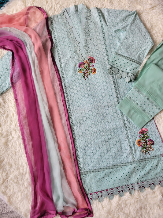 Aqua Bloom Chikankari Suit with Ombre Chiffon Dupatta