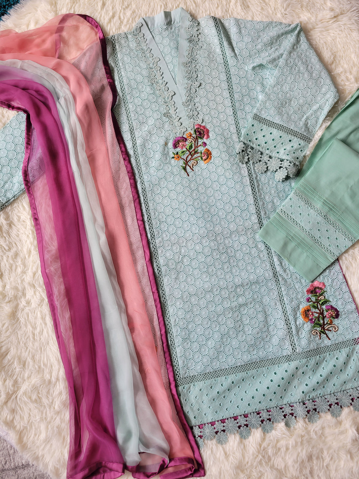 Aqua Bloom Chikankari Suit with Ombre Chiffon Dupatta