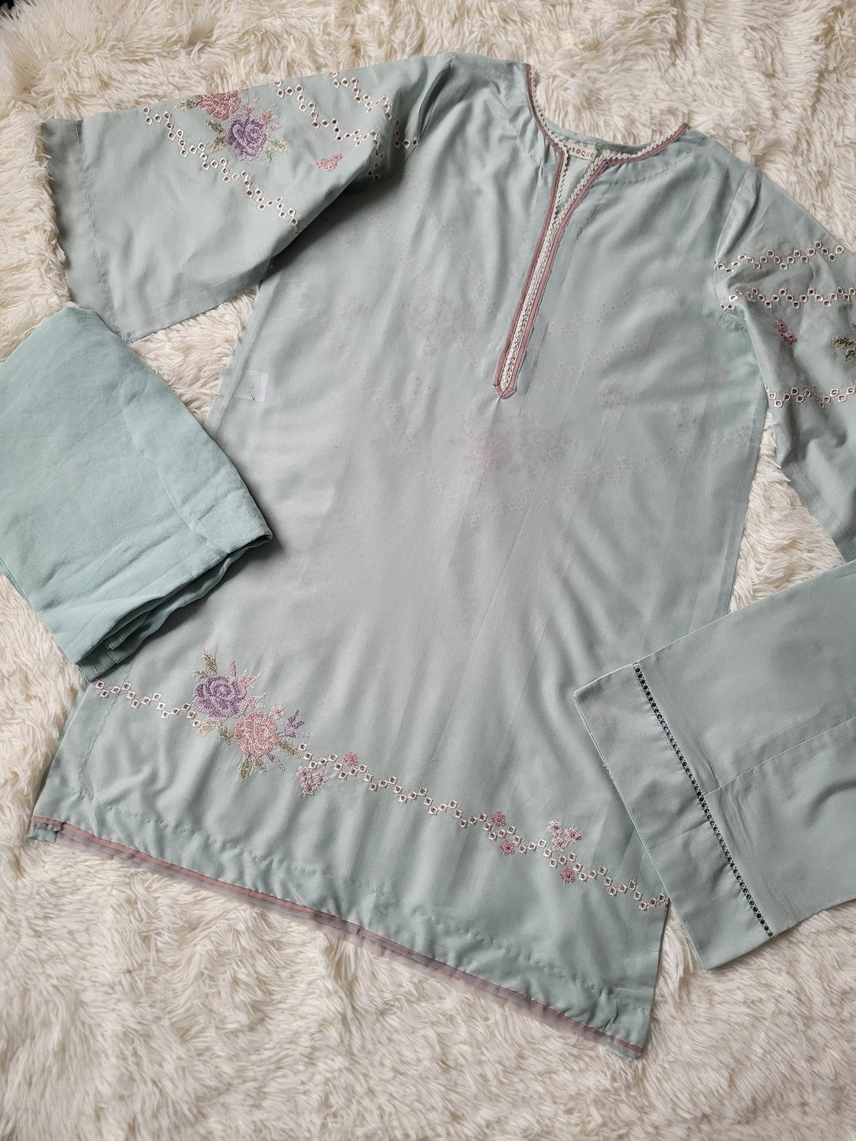 Baroque Aqua Blossom Embroidered Shirt & Trouser Set