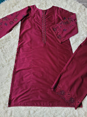 Burgundy Batik Flair: Embroidered Suit with Vibrant Dupatta